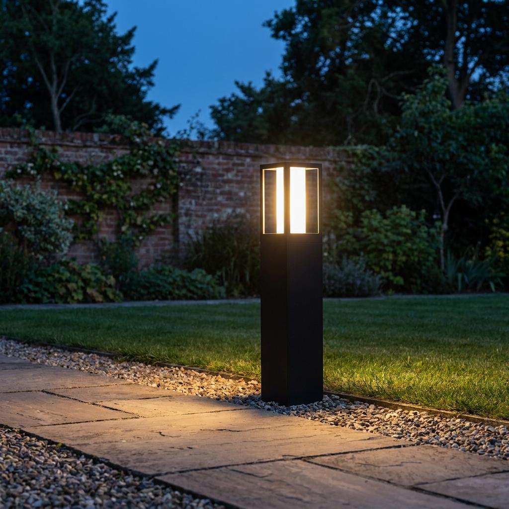 Black rectangular outdoor bollard light illuminating a stone garden path at twilight against a brick wall background.