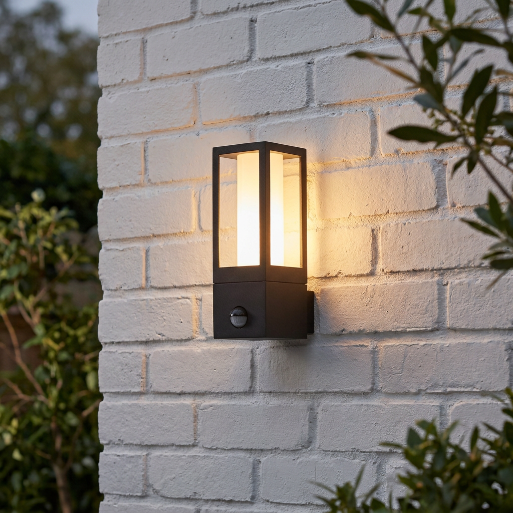 A black rectangular outdoor wall lantern with a warm glowing light and PIR sensor on a white brick wall.