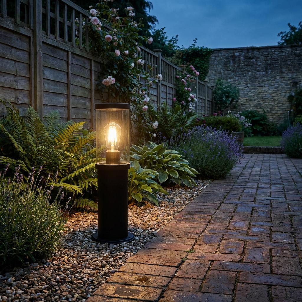 Black outdoor bollard light with Edison bulb illuminating a garden path at dusk.