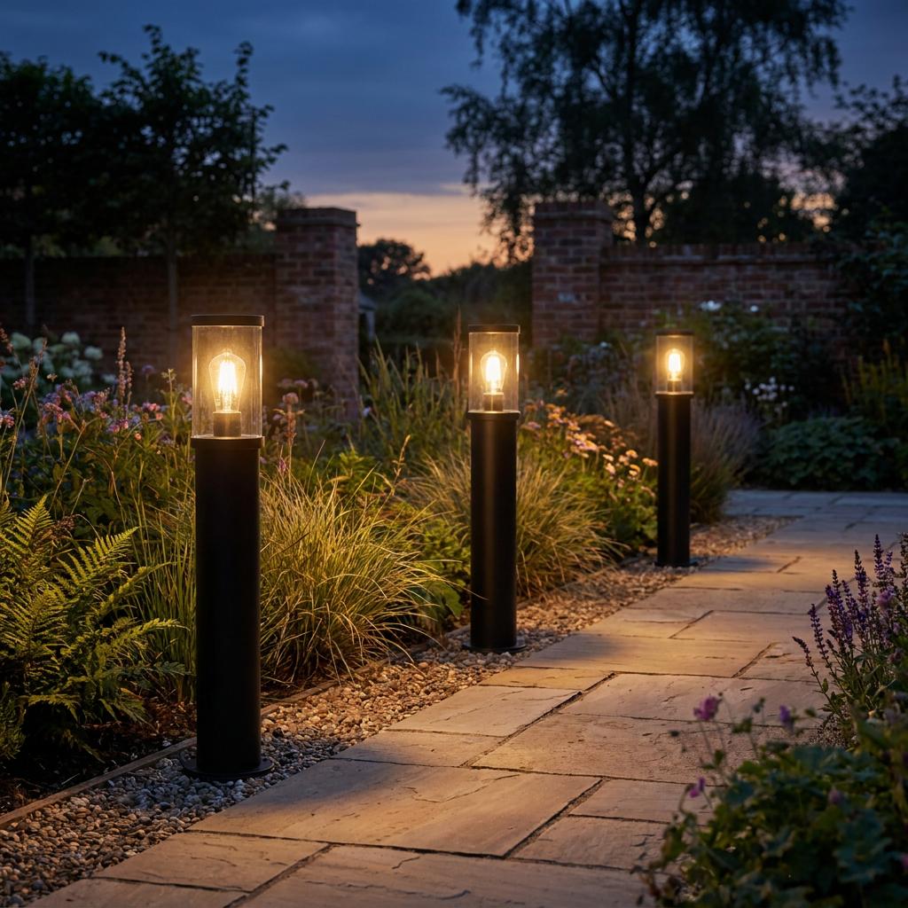 Three black bollard lights with clear glass shades lining a stone garden path at dusk.