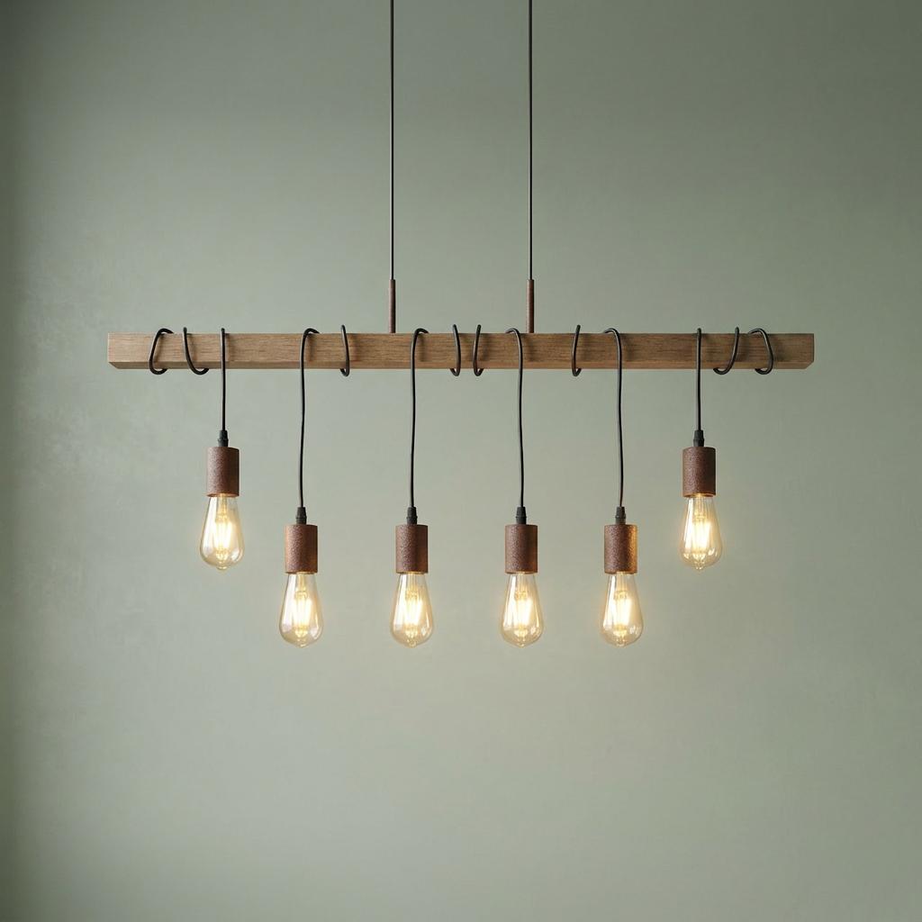 Wooden bar pendant light with six Edison bulbs wrapped in black cables against a sage green wall.