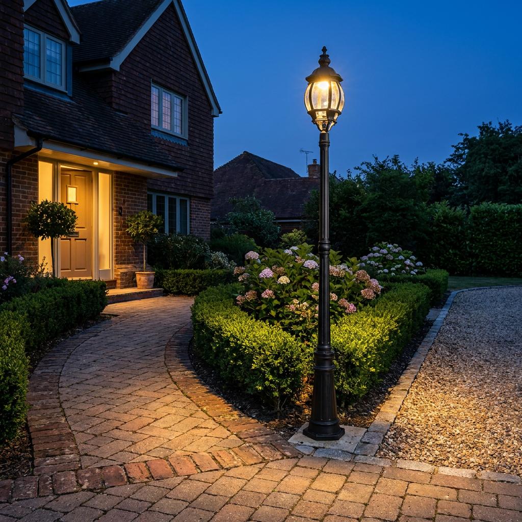 Black lantern lamp post lighting a paved path and landscaped garden at dusk.