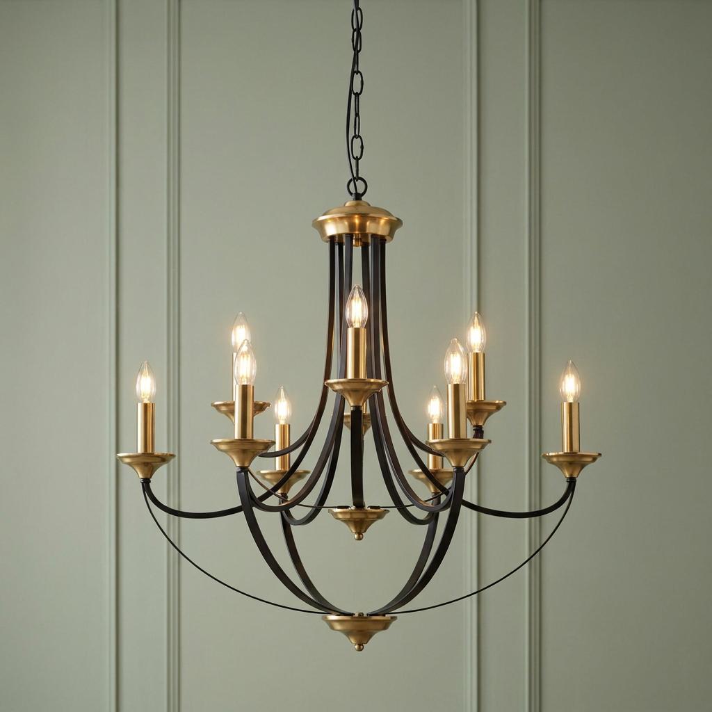 Belfry 9 light bronze and brown ceiling pendant chandelier against a sage green wall.