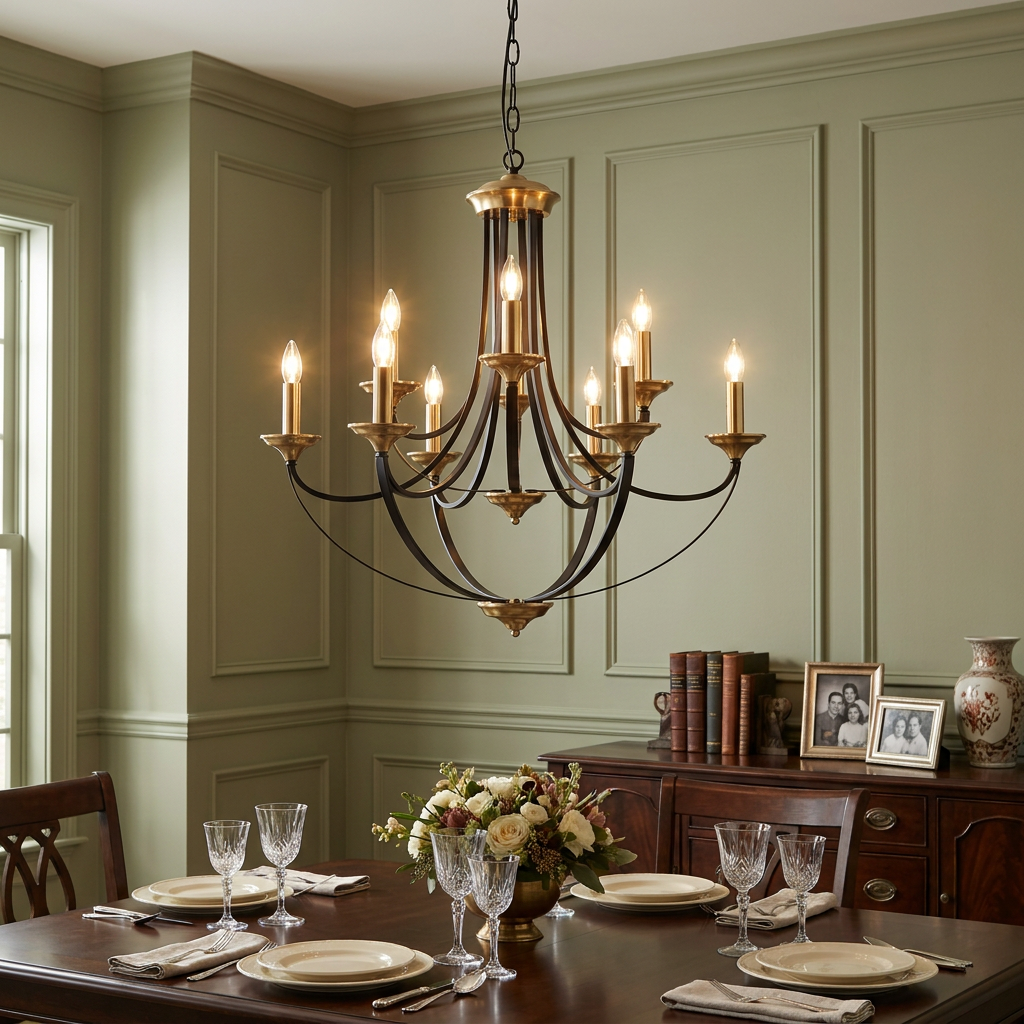 Searchlight Belfry 9-light bronze and brown chandelier hanging in a formal dining room with green panelled walls.