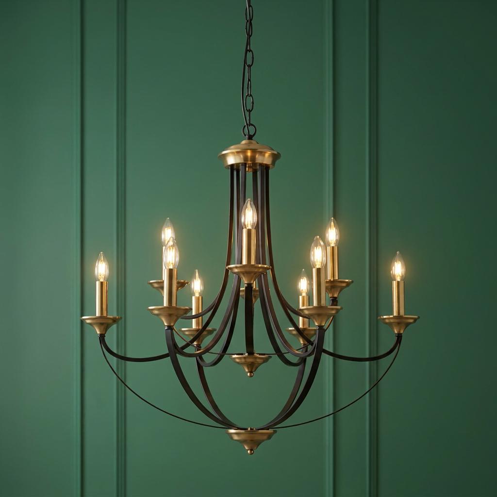 Bronze and brown 9-light chandelier with elegant curved arms against a dark green panelled wall.