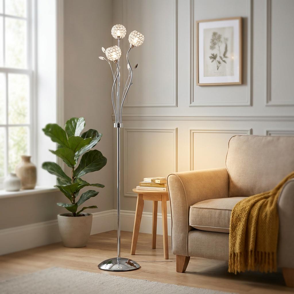 Searchlight Bellis II 3-light chrome floor lamp with clear glass crystal shades in a neutral living room.