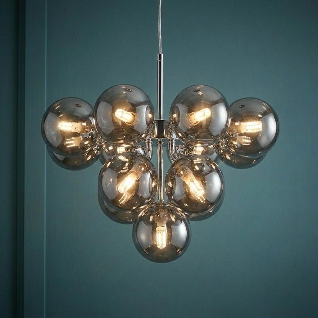 Modern 13-light chrome pendant with smoked glass globes illuminated against a dark teal wall.