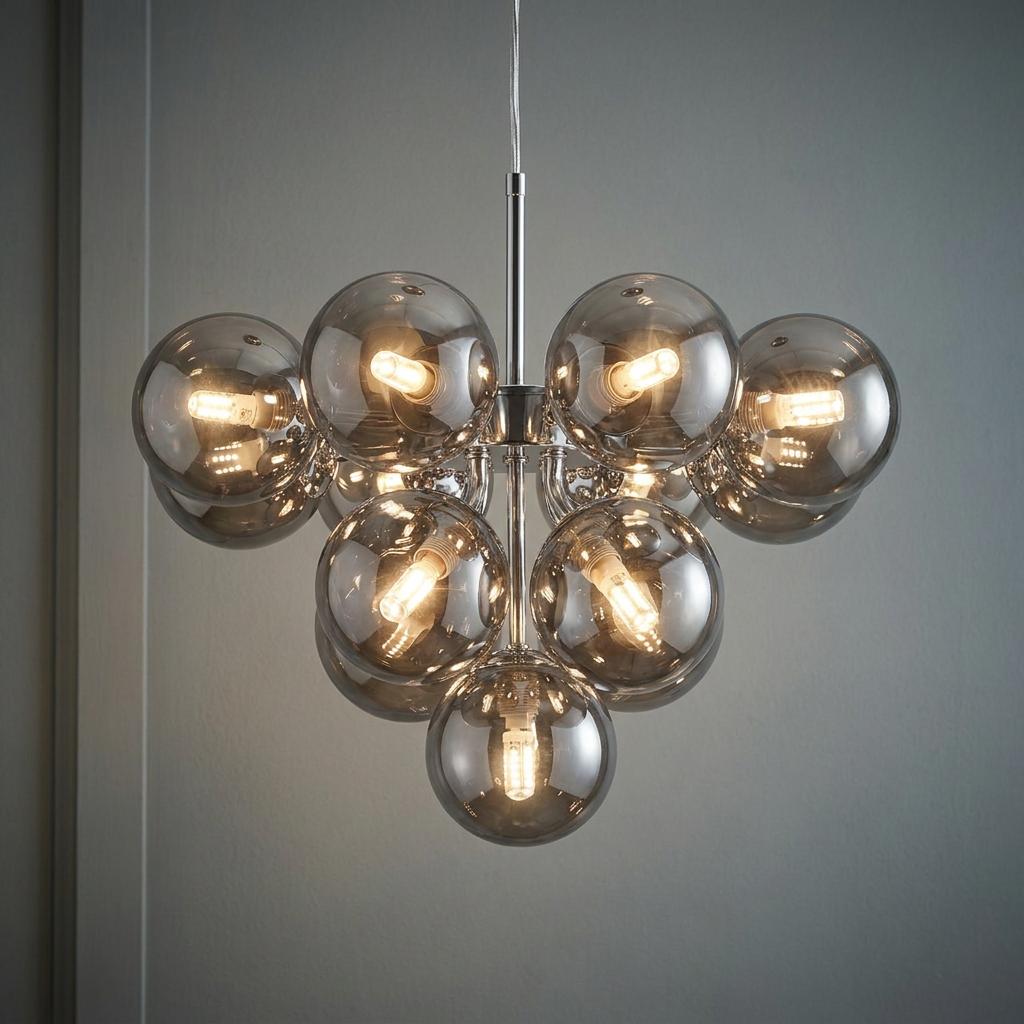 Searchlight Berry 13-light chrome ceiling fixture featuring multiple smoked glass globe shades.