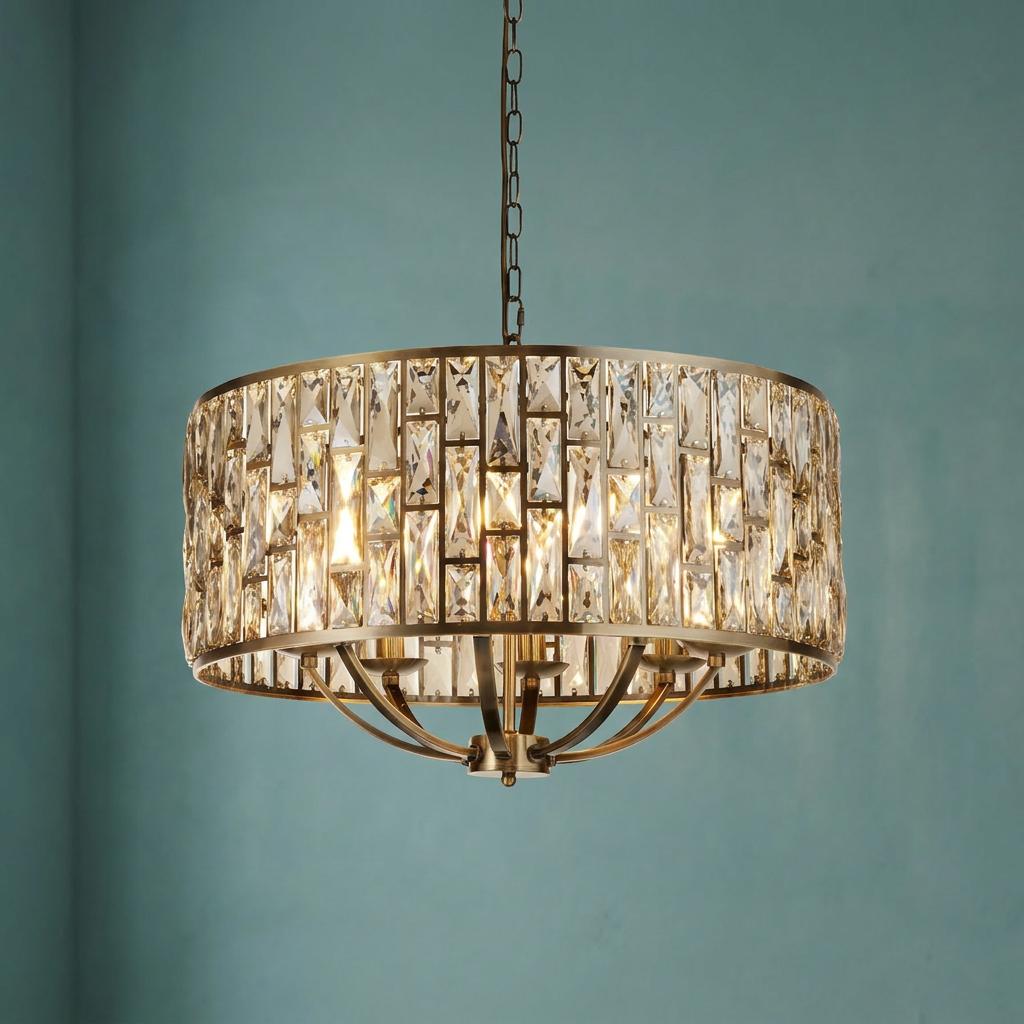 Ornate brass drum pendant light with champagne glass crystals against a teal background.