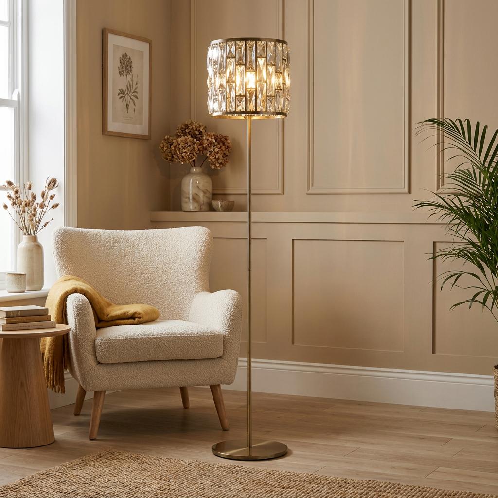 Elegant brass floor lamp with a tiered crystal glass shade illuminated in a warm, neutral living room setting.