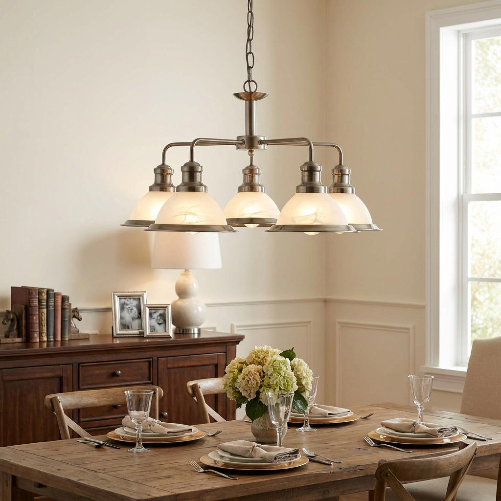 Antique brass 5-light ceiling pendant with frosted glass shades hanging over a wooden dining table.