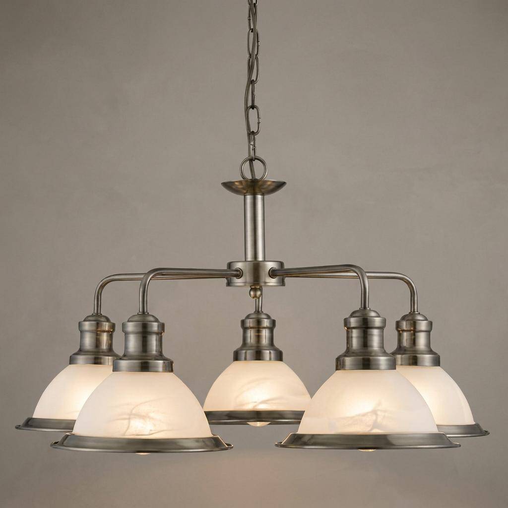 Antique brass 5-light ceiling pendant with frosted glass dome shades on curved arms.