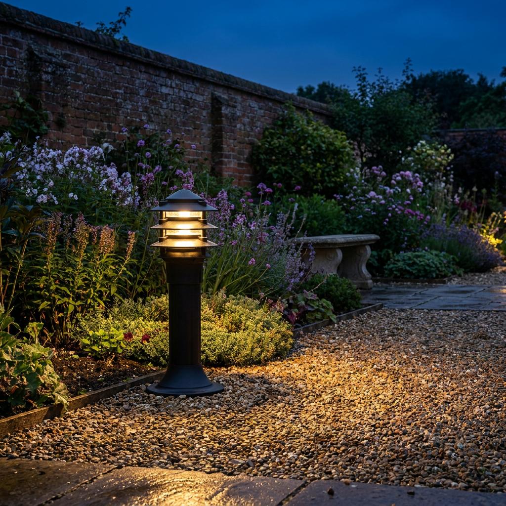 Tiered black bollard light casting a warm glow on a gravel garden path and surrounding plants at dusk.