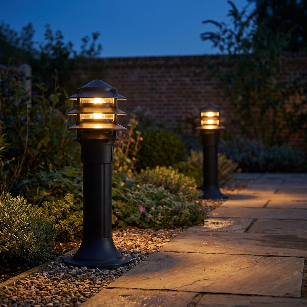 Two black tiered bollard lights illuminating a stone garden path at twilight with a warm glow.