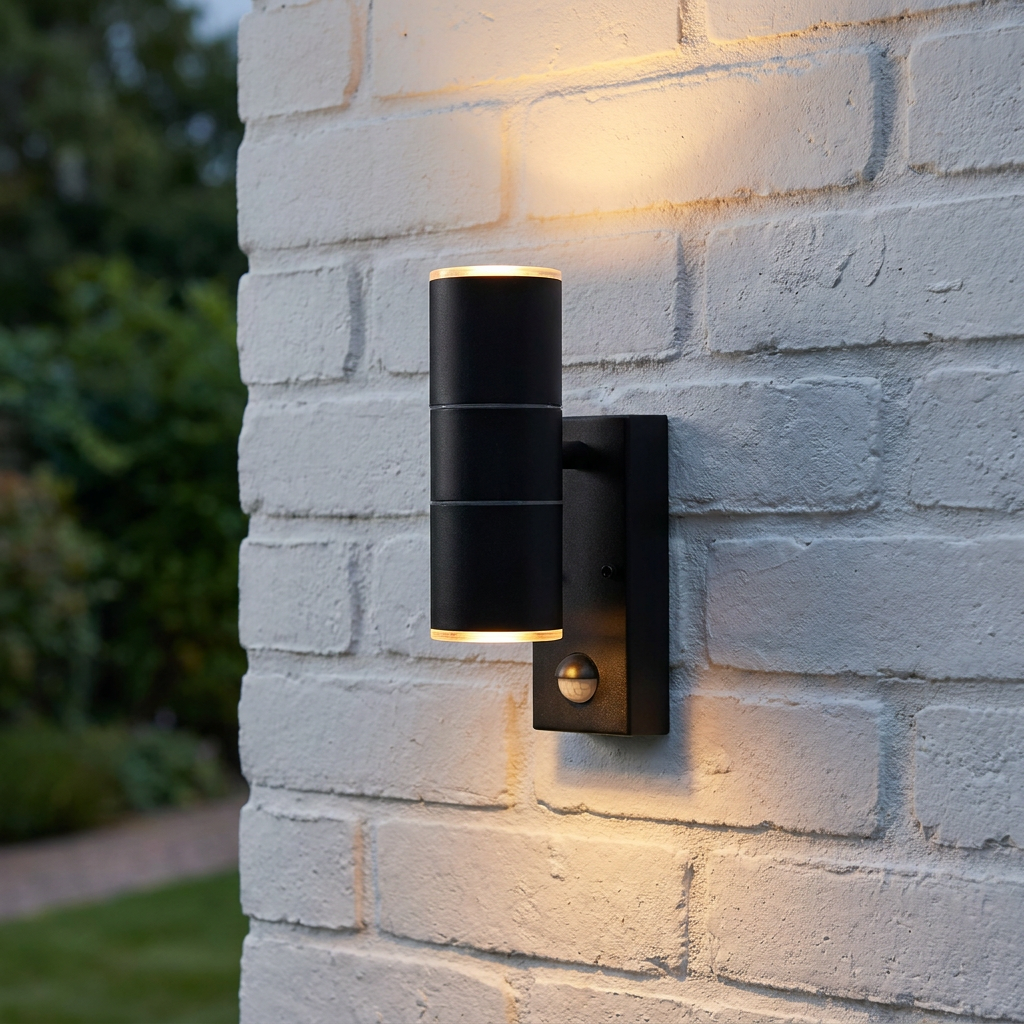 Modern black LED outdoor wall light with motion sensor casting light up and down on a white brick wall.