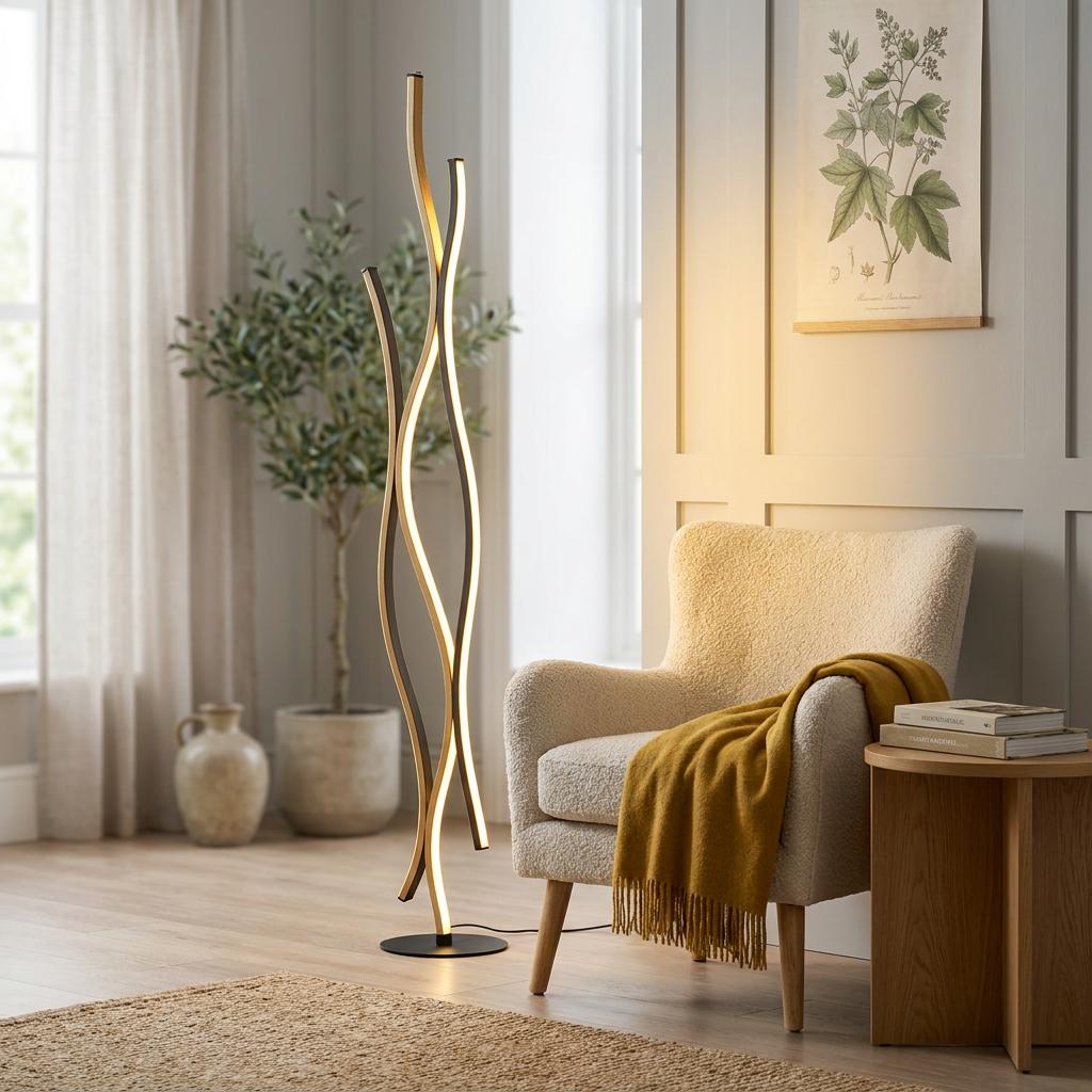 Wavy black and wood effect LED floor lamp casting a warm glow next to a cream armchair in a bright living room.