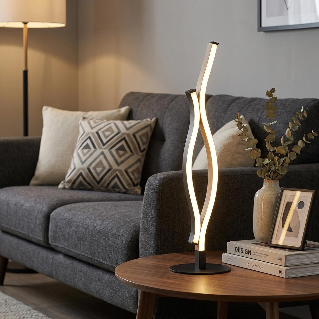 Modern wavy LED table lamp with black and wood finishes on a wooden side table next to a grey sofa.