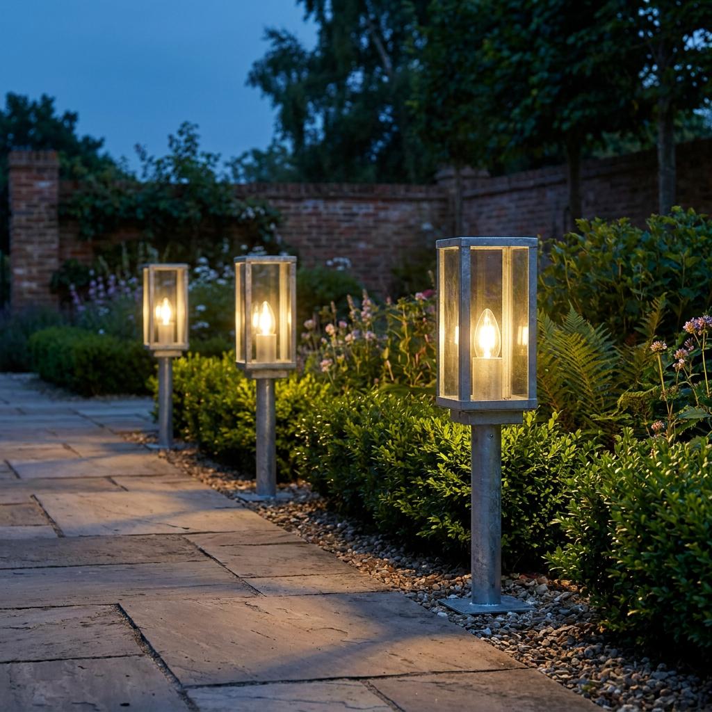 Three illuminated galvanised silver outdoor bollard lights lining a stone garden path at twilight.