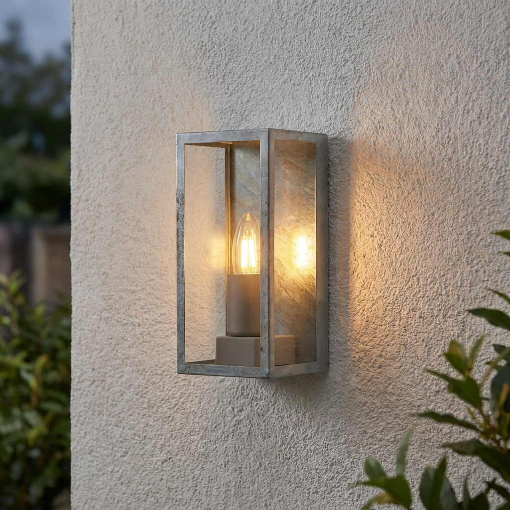 Galvanised silver rectangular outdoor wall lantern with a glowing bulb mounted on a textured white wall.