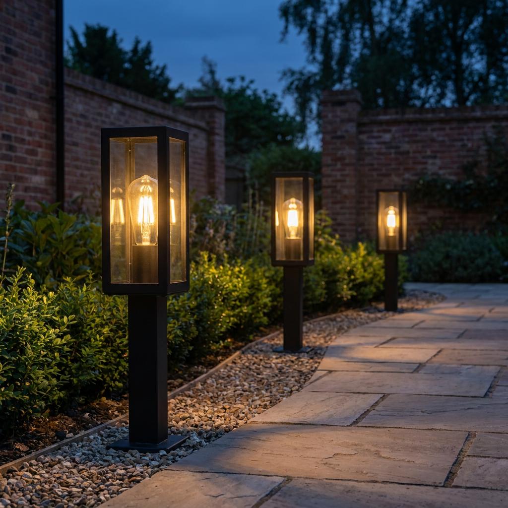 Three black rectangular bollard lights with glowing filament bulbs lining a stone garden path at dusk.