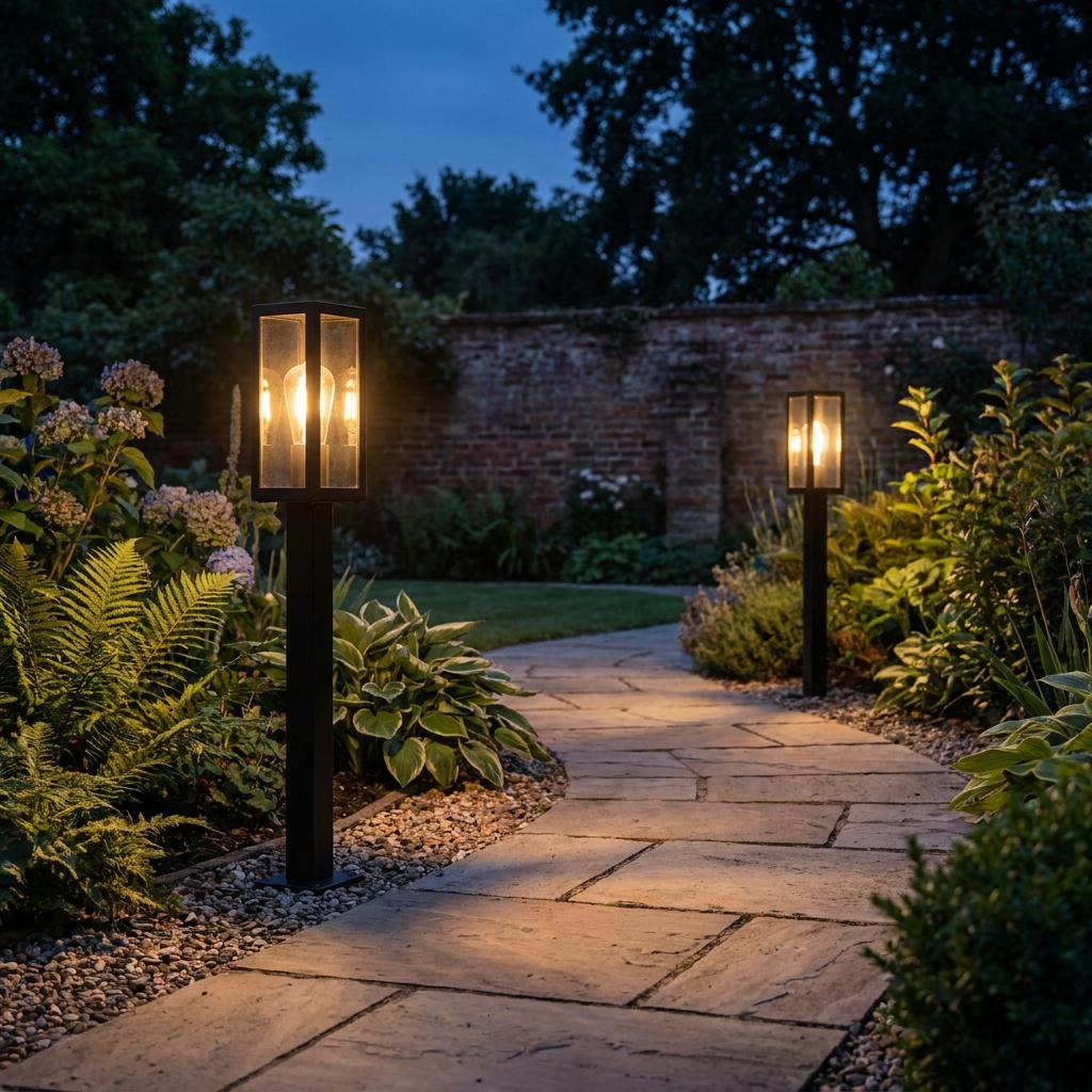 Two black box bollard lights illuminate a stone garden path at dusk, surrounded by lush greenery and flowers.