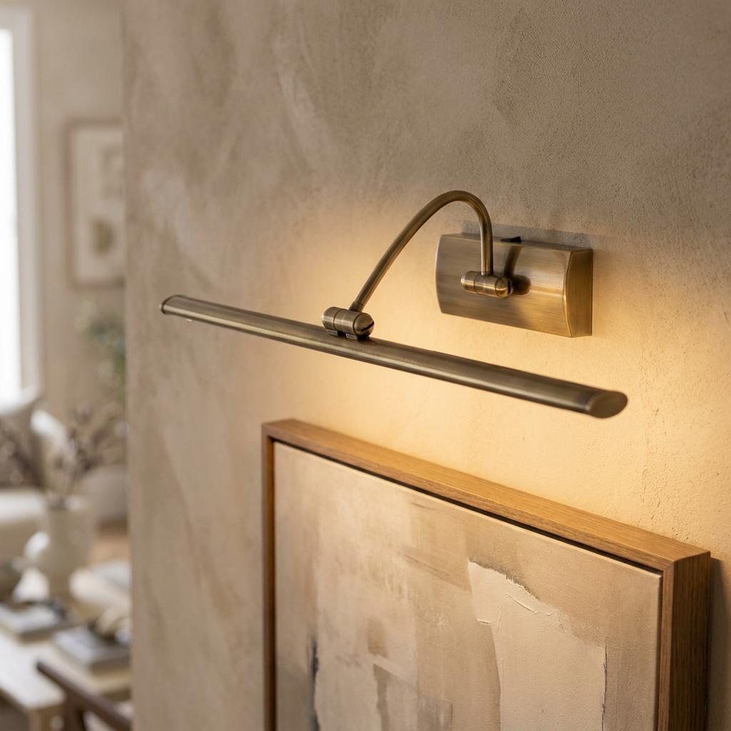 Antique brass LED picture light with an adjustable head mounted above a framed painting on a textured wall.