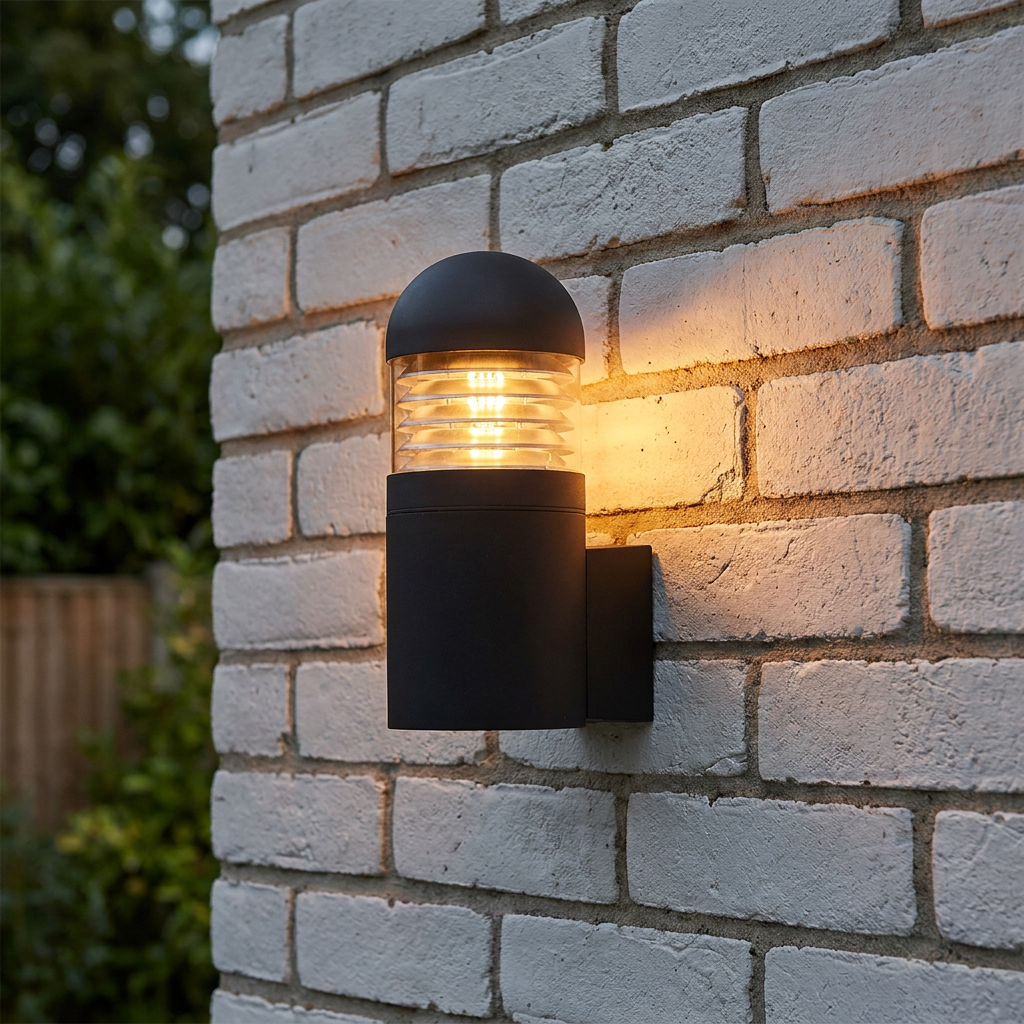 Black cylindrical outdoor wall light with a domed top and warm glow, mounted on a white brick wall.