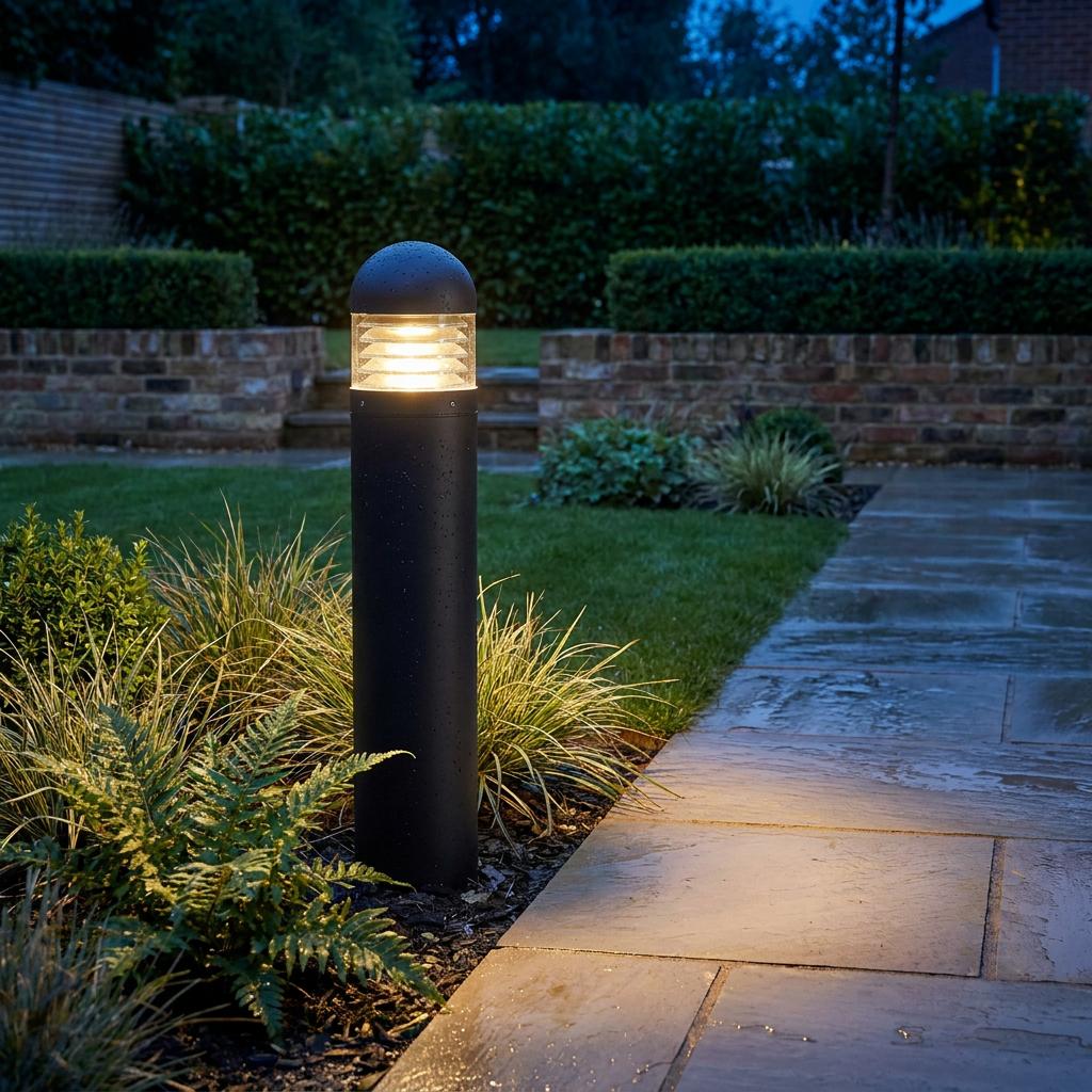 Illuminated black bollard light with a louvered head lighting up a stone garden path and surrounding plants.