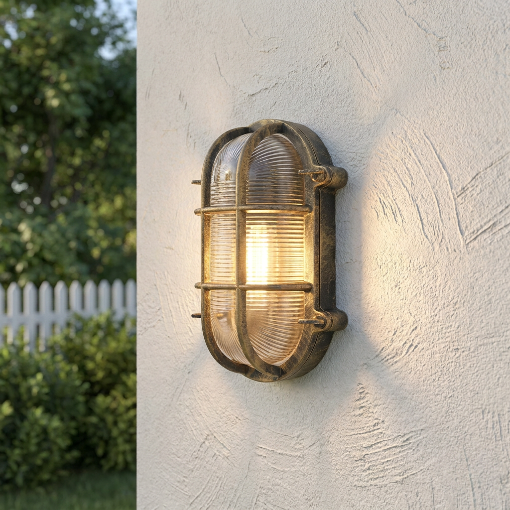 Oval black and gold bulkhead wall light with ribbed glass glowing on a white outdoor wall.