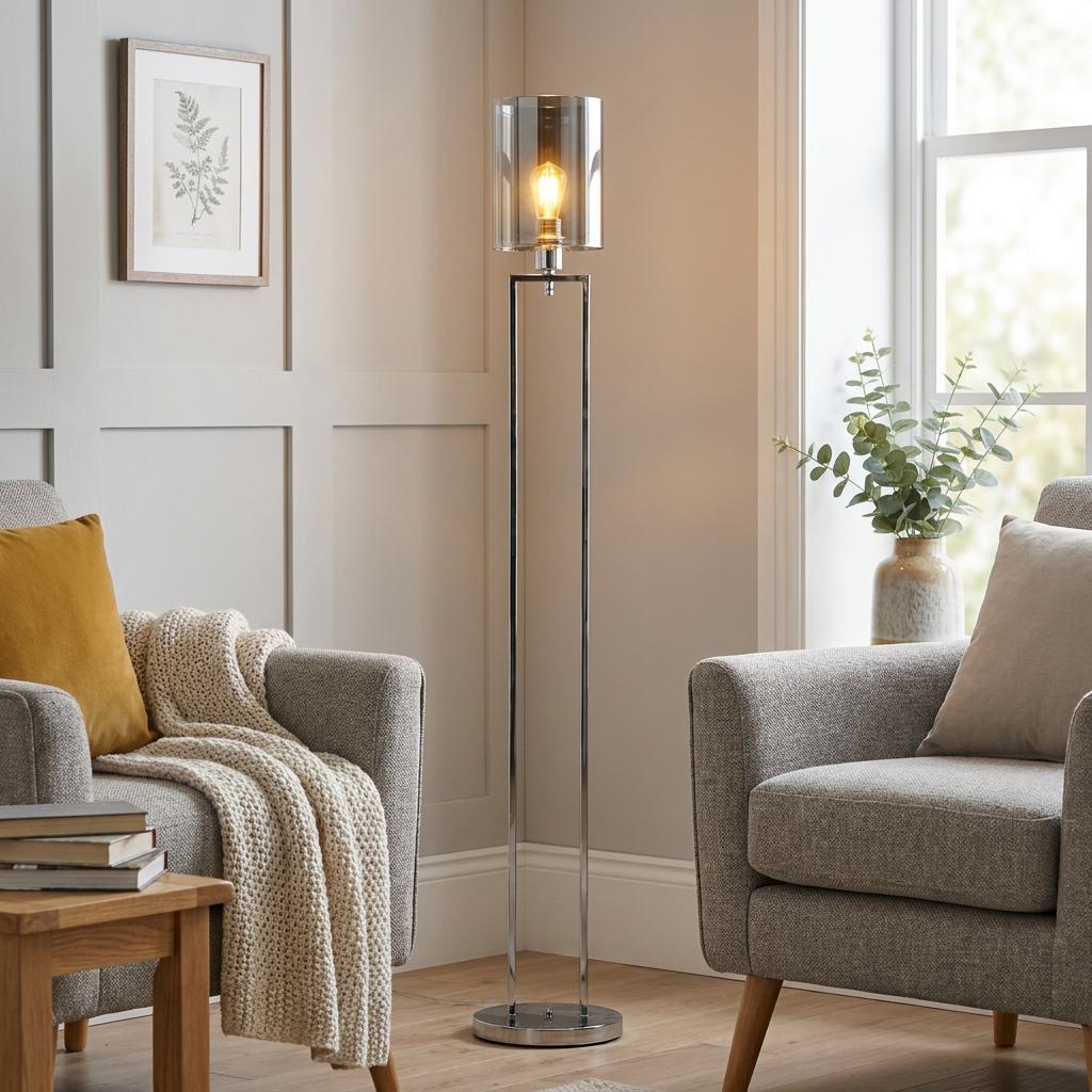 Searchlight Catalina floor lamp with a chrome metal frame and smoked glass shade in a modern living room setting.