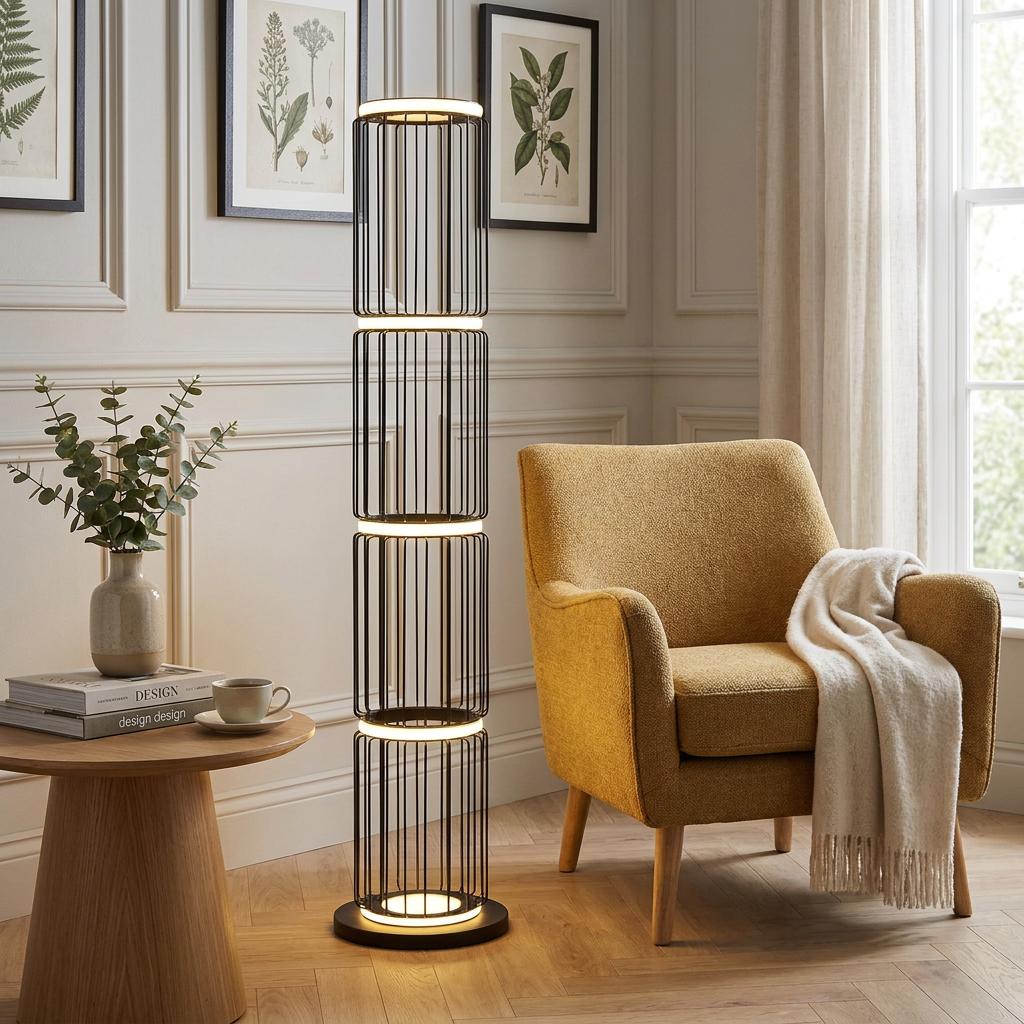 Modern black wire cage floor lamp with integrated LED rings illuminating a contemporary living room.