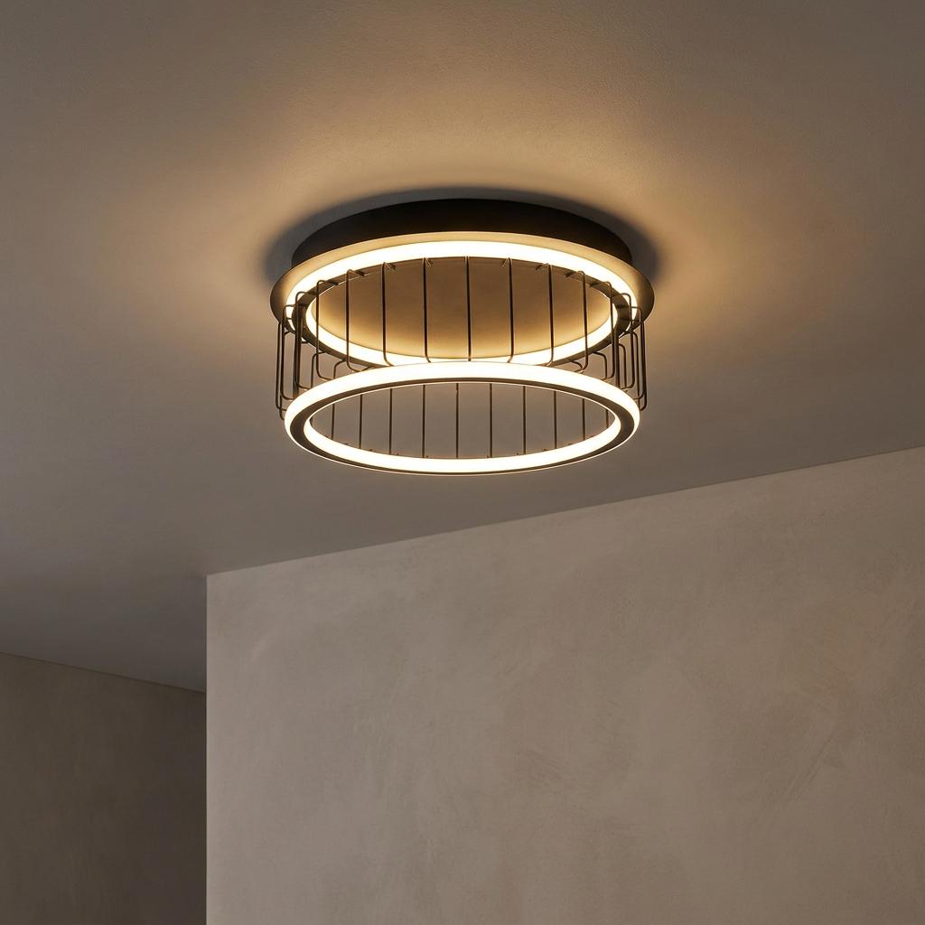 Searchlight Circolo Black Cage LED Flush Ceiling Light with glowing double rings and a wire cage design.