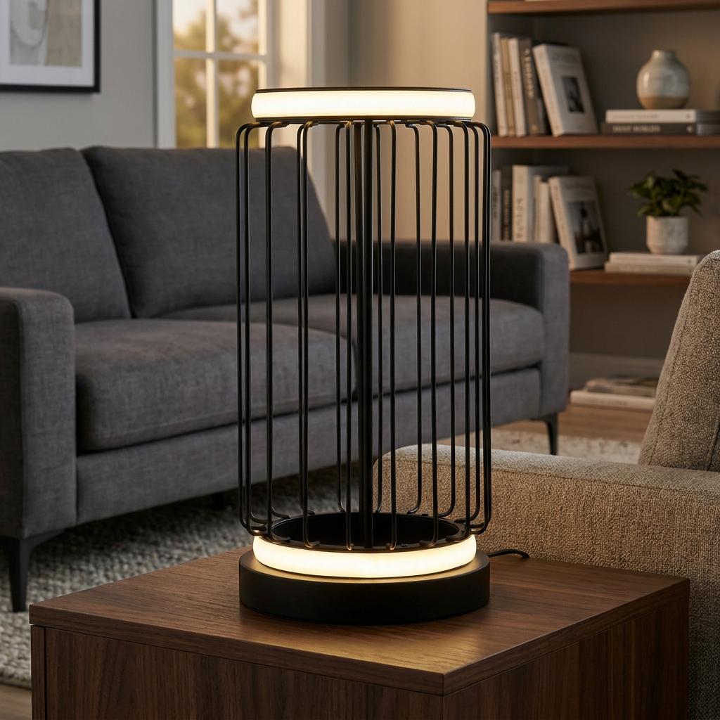 Modern black cage table lamp with glowing circular lights on a wooden side table in a living room.