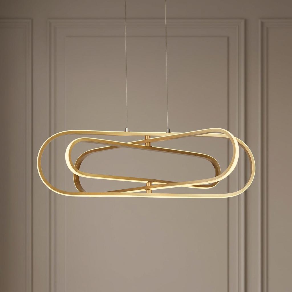 Modern gold LED pendant light with interlocking oval frames against a neutral paneled wall.