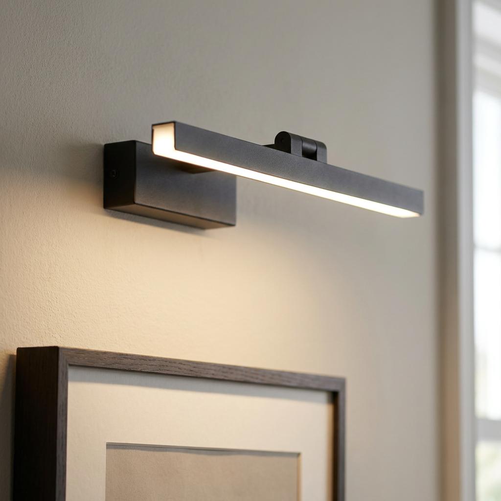 Modern black LED picture light mounted on a neutral wall, illuminating a framed picture below.