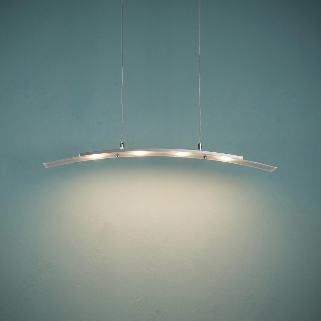 Curved 4-light LED silver and frosted glass pendant light illuminating against a blue textured wall.