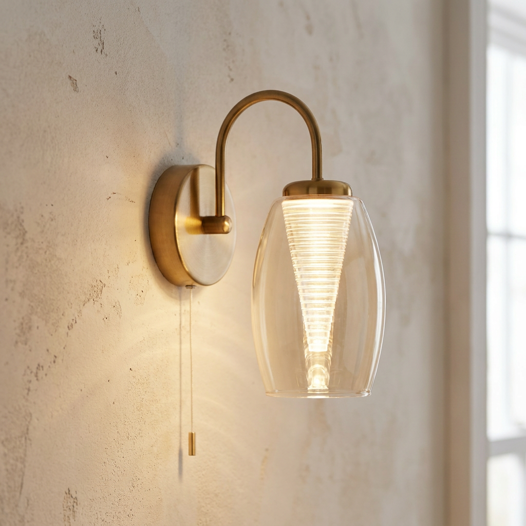 Bronze wall light with a champagne glass shade and glowing ribbed inner core, mounted on a textured wall.
