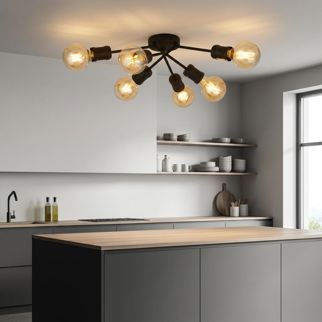 Modern black 6-light flush ceiling fixture with amber bulbs illuminating a minimalist grey kitchen.
