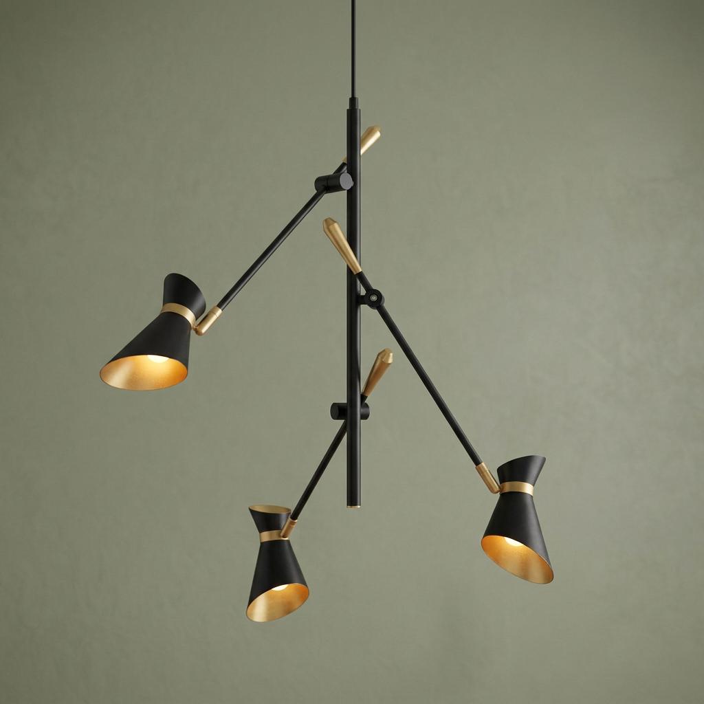 Three-light black and gold LED ceiling pendant with cone shades and adjustable arms against a sage green background.