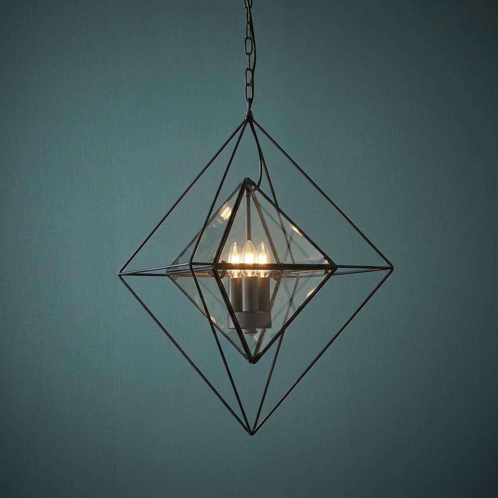 Black geometric diamond pendant light with three candle bulbs in a glass enclosure against a teal wall.