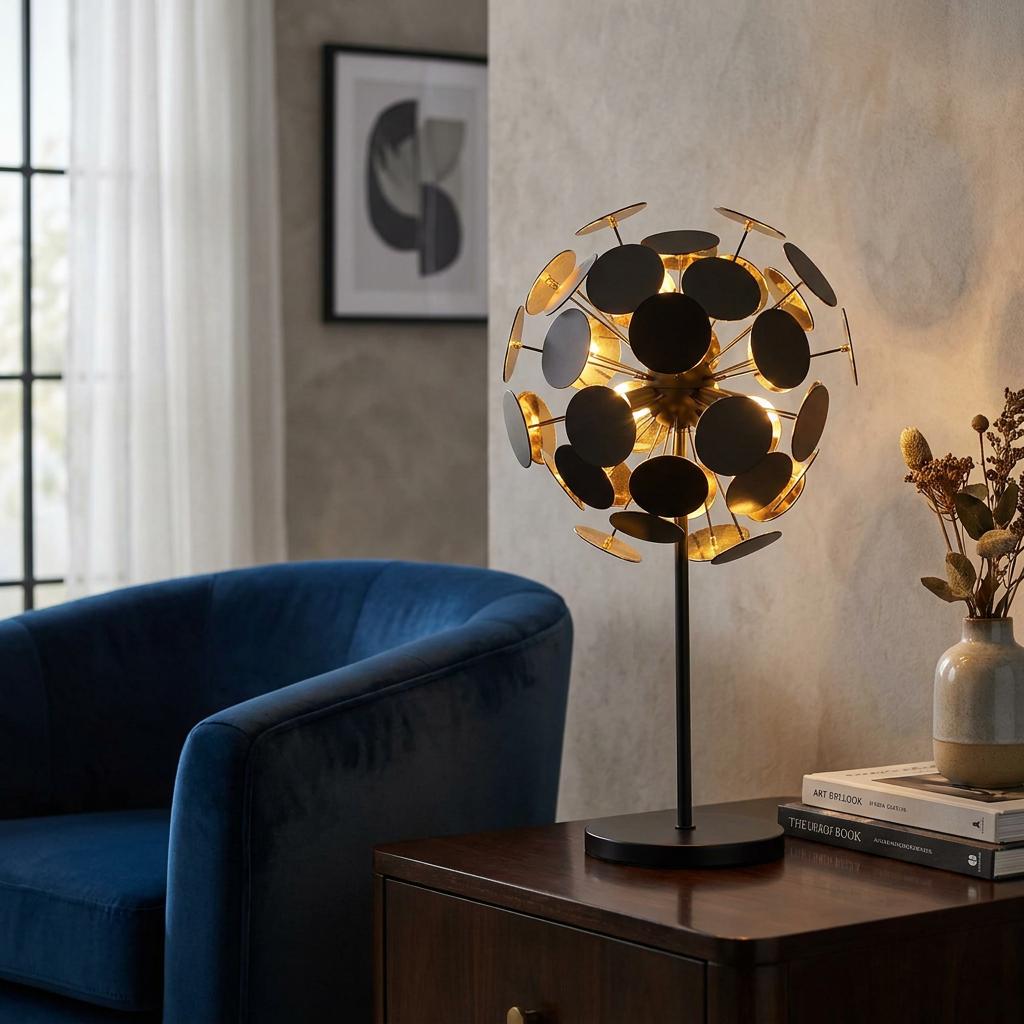Modern black and gold sputnik-style table lamp with circular discs glowing on a wooden side table in a cozy room.