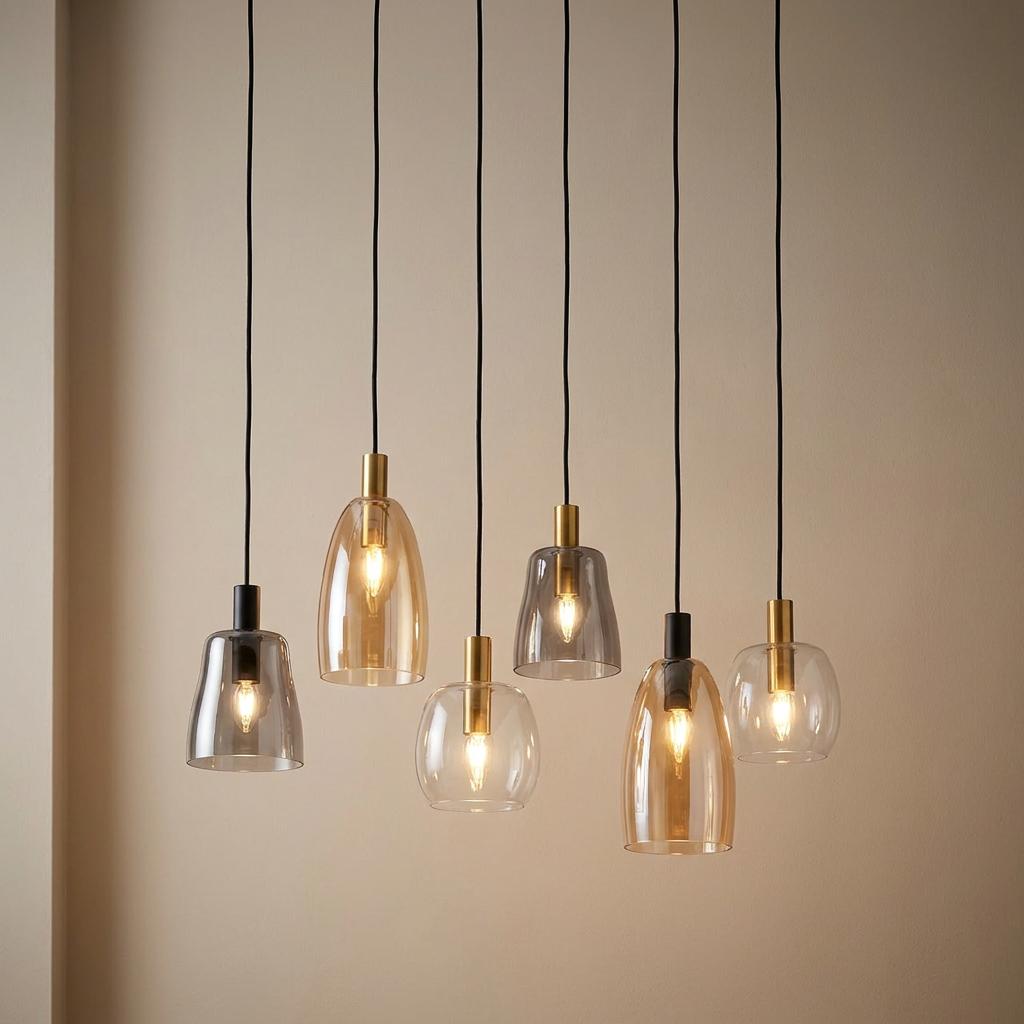 Six-light multi-drop pendant with black cables and diverse amber, smoke, and clear glass shades.