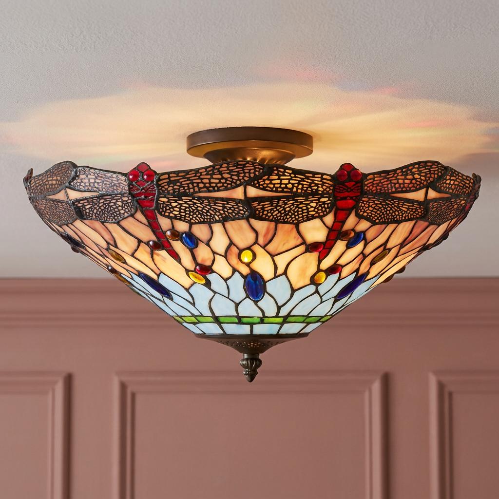Dragonfly Tiffany-style semi-flush ceiling light with colorful stained glass and a bronze finish.