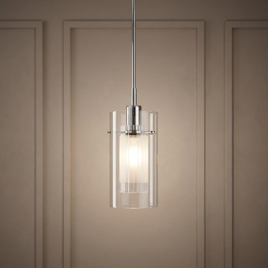 Chrome ceiling pendant with a double glass cylinder shade against a neutral paneled wall.
