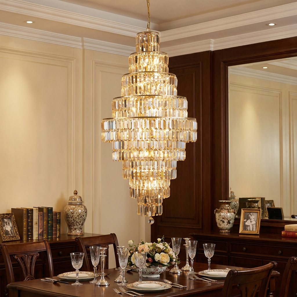 Grand tiered brass and champagne glass chandelier illuminating an elegant, formally set dining room table.