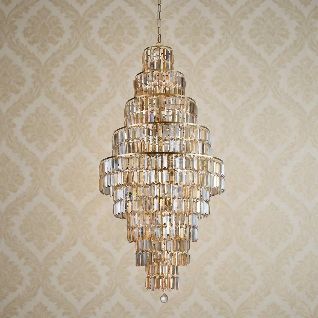 Multi-tiered empire chandelier with brass frames and champagne glass droplets against patterned wallpaper.