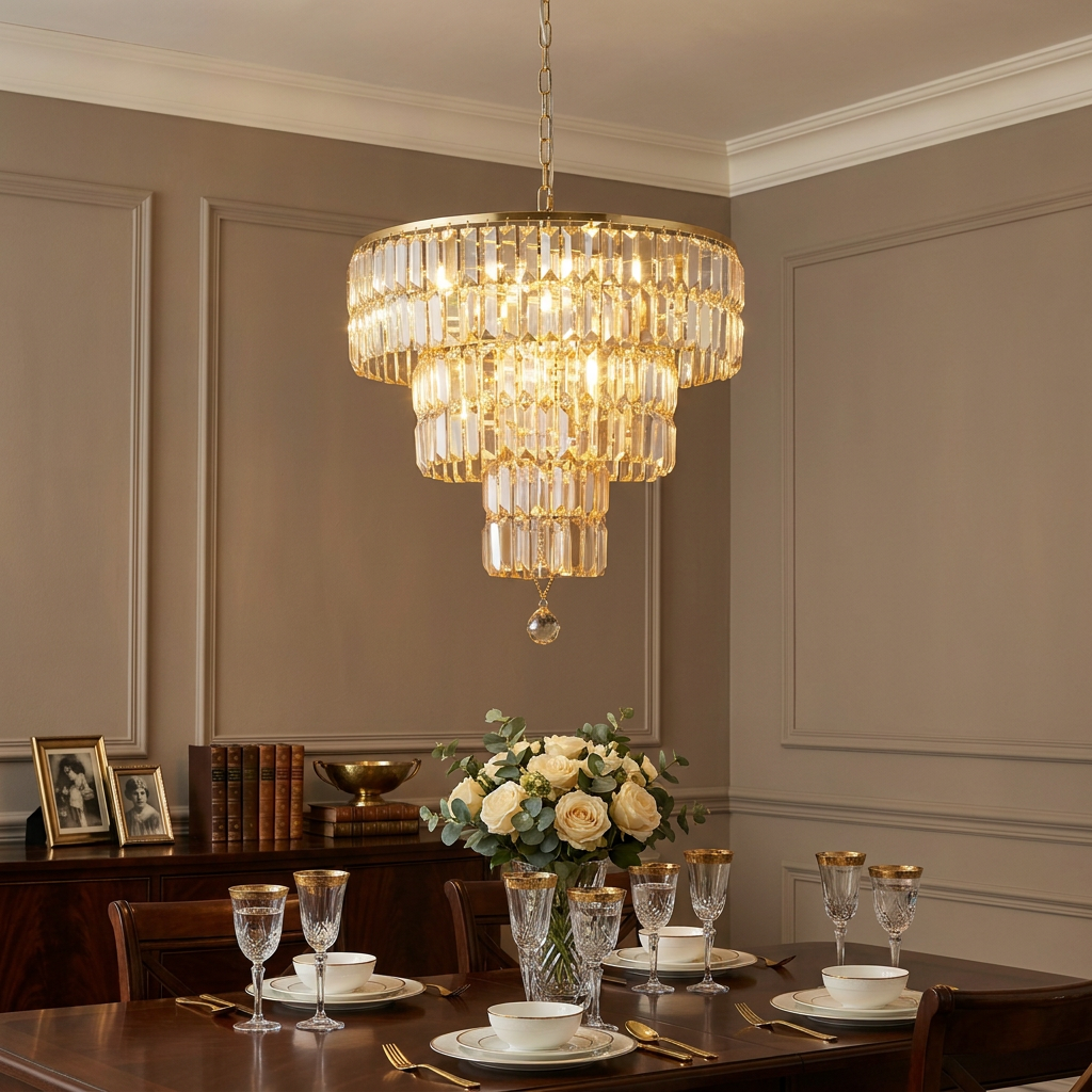 A tiered brass and champagne glass chandelier hanging above a formal dining table set for a meal.