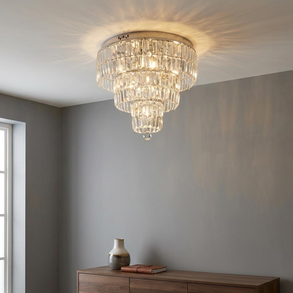 Tiered crystal chandelier flush ceiling light illuminates a gray room above a wooden sideboard.