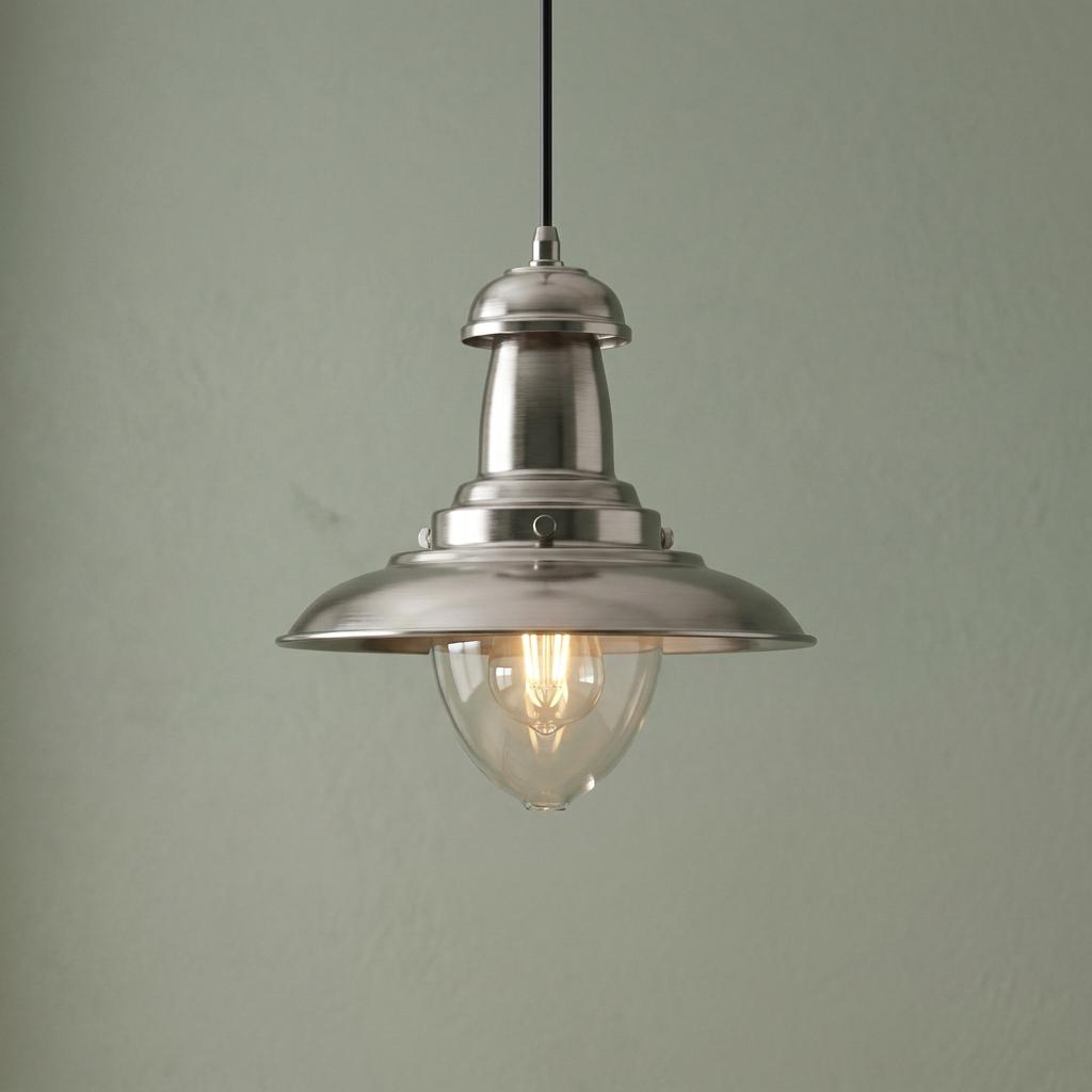 Satin silver fisherman ceiling pendant with clear glass dome hanging against a light green wall.