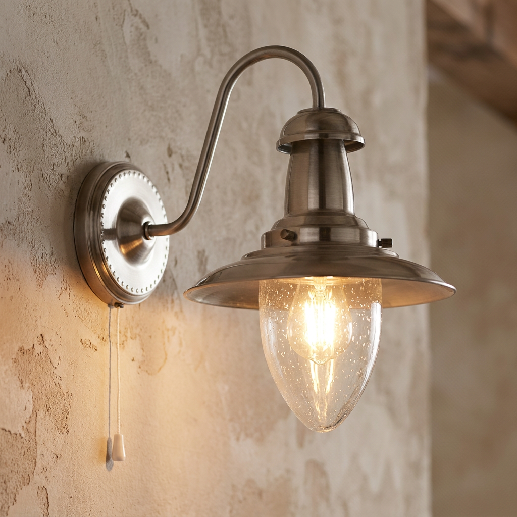 Satin silver fisherman-style wall light with seeded glass, illuminated against a textured rustic wall.